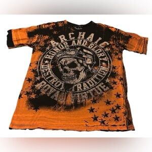 Archaic By Affliction Dbl Sided Orange Black T Shirt Sz 2XL Skull American Flag